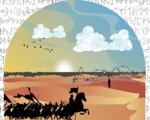 Army meeting a woman in the desert with runes in the background